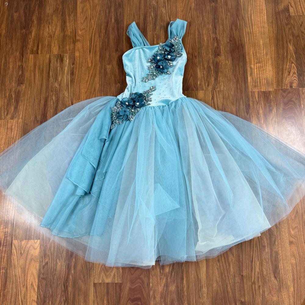 Weissman Lyrical Dance Costume Blue Velvet Tulle Floral Sequin LC Large Child